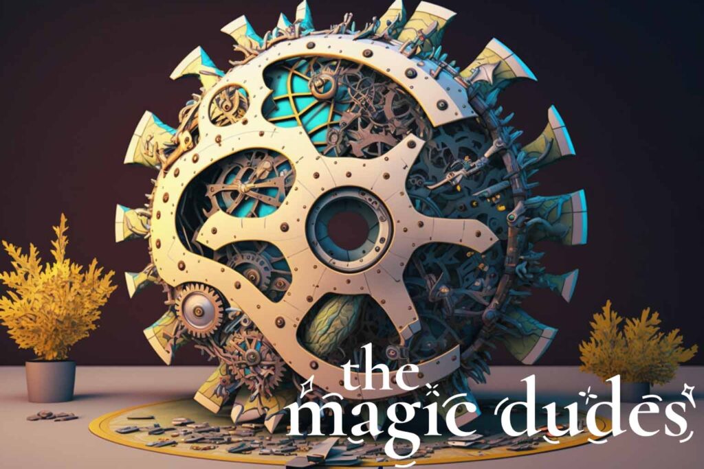 Een puzzel in de vorm van een magisch wiel vol radertjes